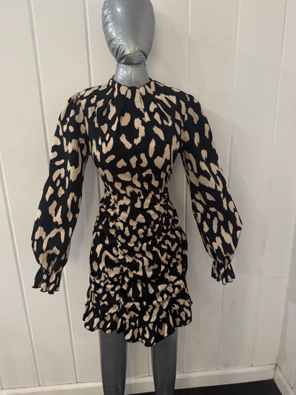 SHEIN Black and Beige Animal Print Long-Sleeve Ruched Mini Dress